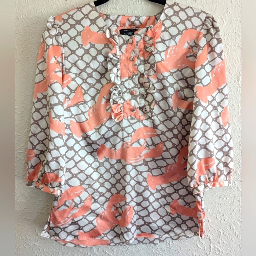 BCBG Y2K  Pink Ruffled 3/4 Sleeve Lobster Blouse